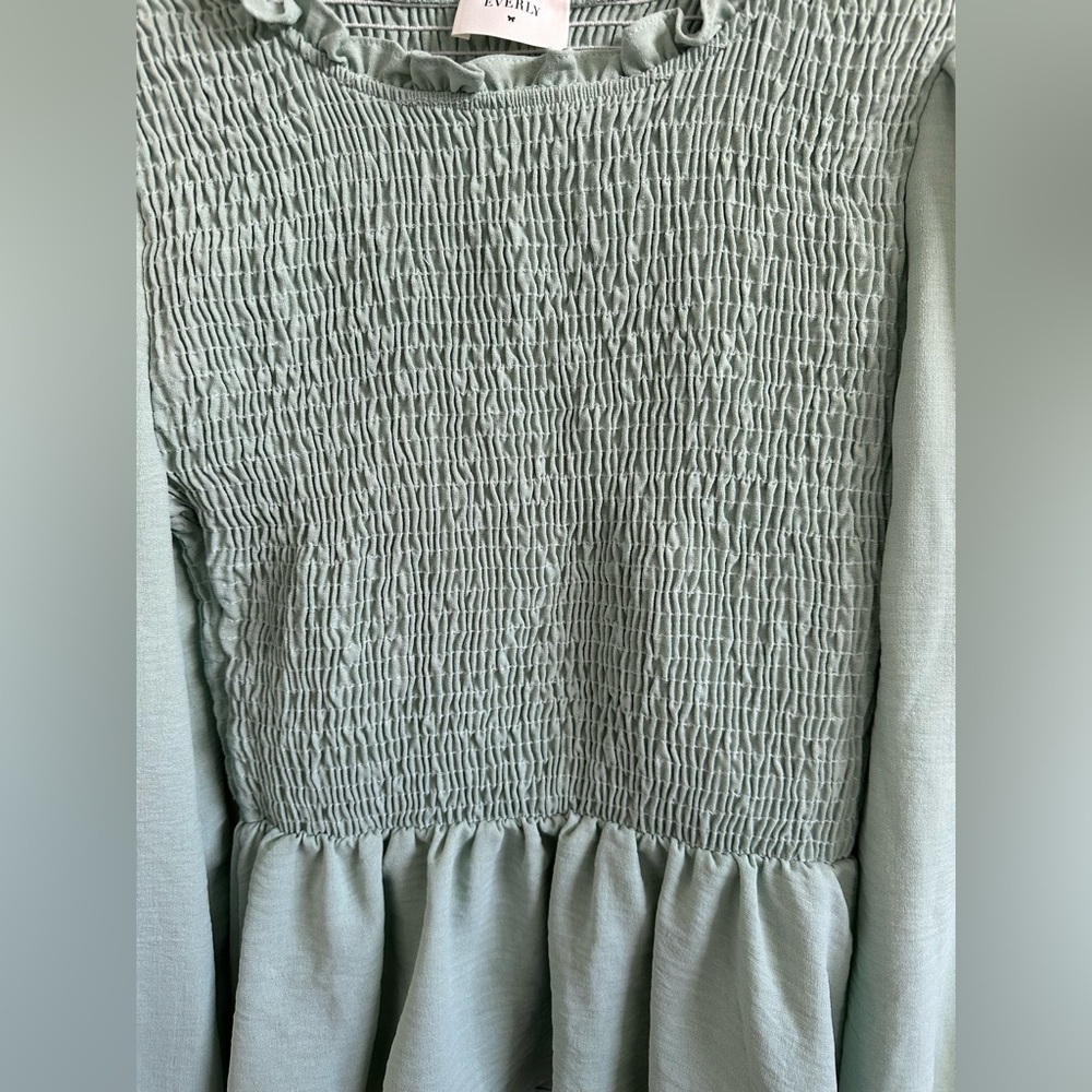 Everly Mint Green Smocked Ruffle Peplum Blouse - Picture 7 of 7
